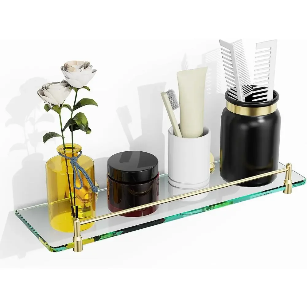 Open Box, Brushed Gold Glass Floating Bathroom Wall Shelf with Railing 16
